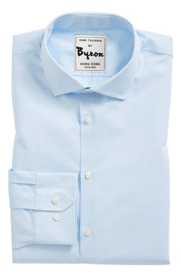 Baby Blue on Blue Micro Check Shirt, English Spread Collar, Angled Cuff