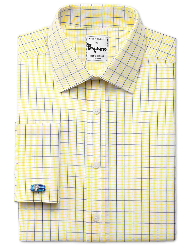 Blue and Yellow Check Shirt Medium Spread Collar French Cuff