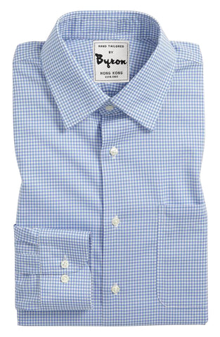 Blue Gingham Check Shirt, Medium Spread Collar, Round Cuff