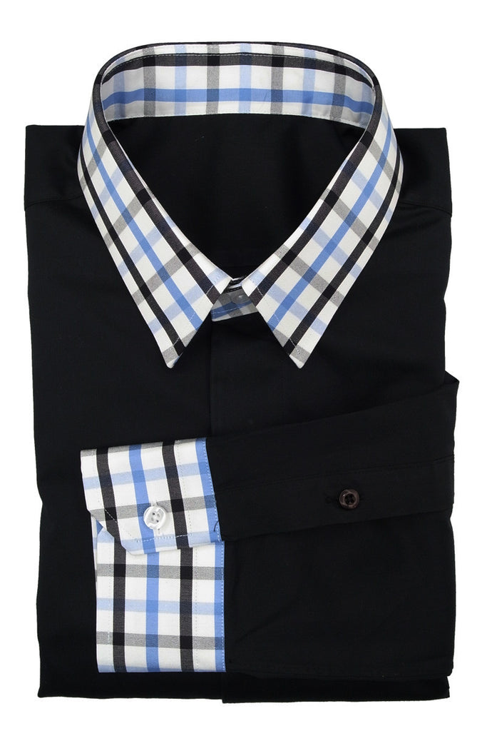 Solid Black Shirt with  Blue Black Check Collar and Cuff