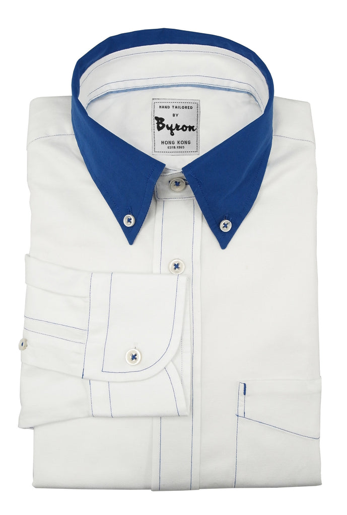 White Herringbone Shirt with Royal Blue Collar and Blue Stitching
