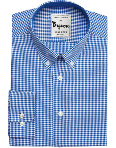 Azure Blue Micro Check Shirt, Button Down Collar, Round Cuff