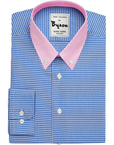 Azure Blue Micro Check Shirt with Pink Collar, Rounded Cuff
