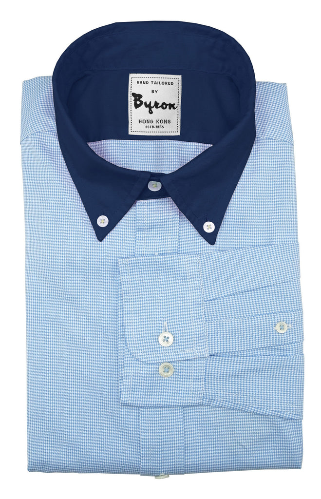 Baby Blue Micro Check Shirt with Navy Button Down Collar and Trim