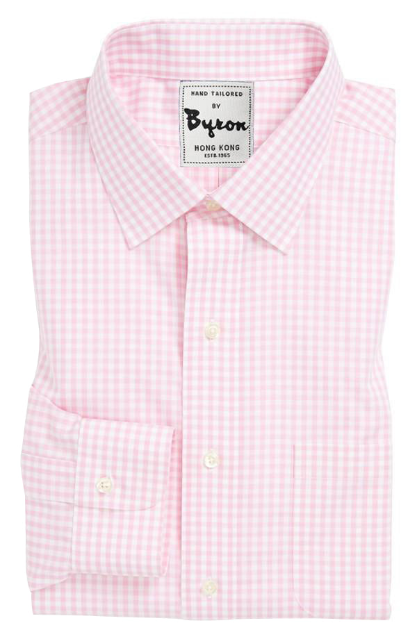 Baby Pink Gingham Check Shirt, Medium Spread Collar, Rounded Cuff