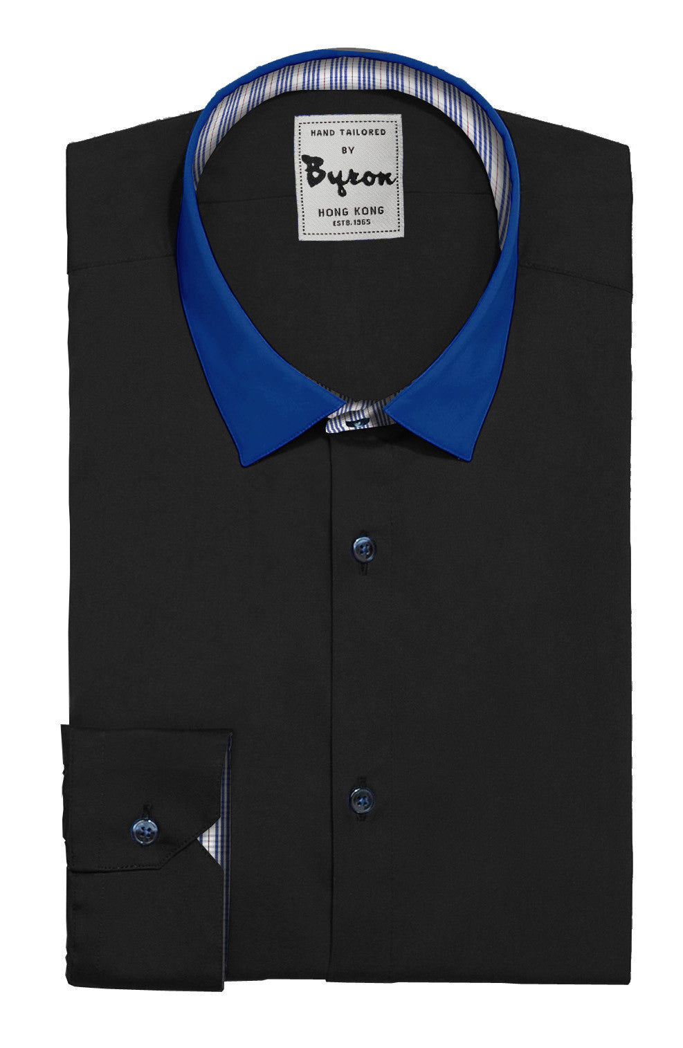 black shirt with blue collar