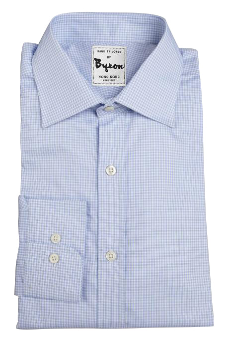 Blue Fine Check Shirt, English Spread Collar, Rounded Cuff