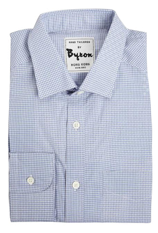 Blue Micro Check Shirt, English Spread Collar, Angled Cuff