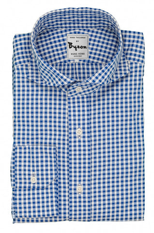 Blue Gingham Check Shirt with Wide Spread Collar