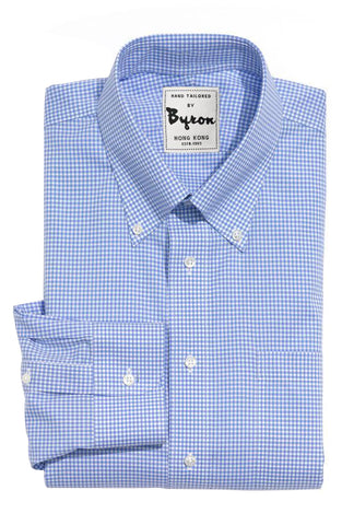 Blue Gingham Shirt, Button Down Collar, Angled Cuff