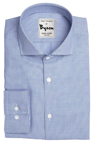 Blue Herringbone Check Shirt, English Spread Collar, Standard Cuff