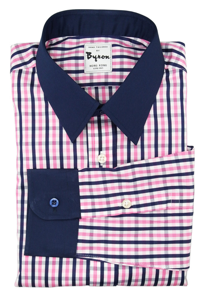 Blue and Light Pink Check shirt with Dark Blue Forward Point Collar and Rounded Cuff