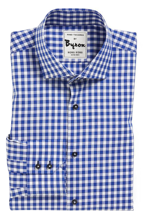 Cobalt Blue Gingham Shirt, Medium Spread Collar, Angled 2 button cuff
