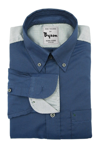 Denim Blue Micro Step Shirt with Light Grey Shoulder Panel and Trim