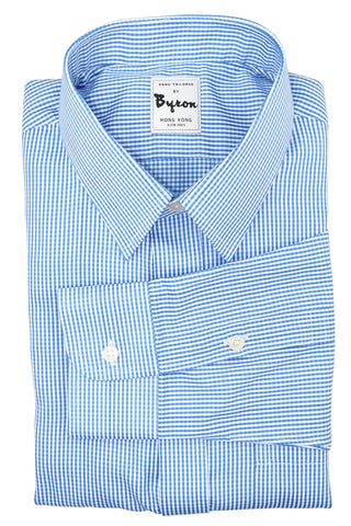 Blue Micro Gingham Check Shirt, Forward Point Collar, Round Cuff