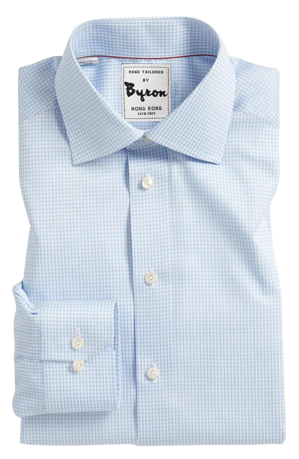 Light Blue Gingham Check Shirt, English Spread Collar, Rounded Cuff
