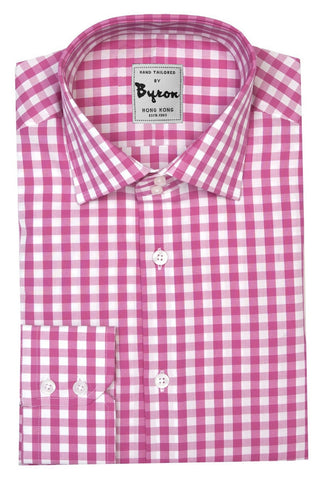 Pink and White Gingham Check Shirt, Wide Spread Collar, Angled Cuff