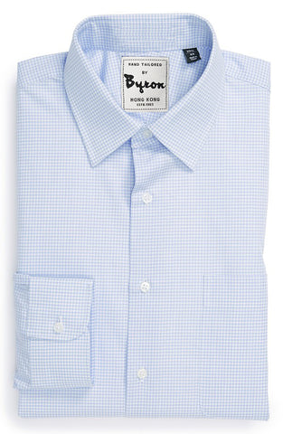 Powder Blue Micro Check Shirt, Forward Point Collar, Rounded Cuff