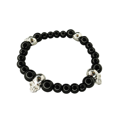 Black Onyx Beaded Bracelet with Skull Moto