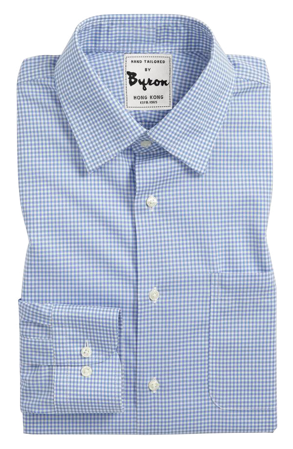 Blue Gingham Check Shirt, Medium Spread Collar, Round Cuff