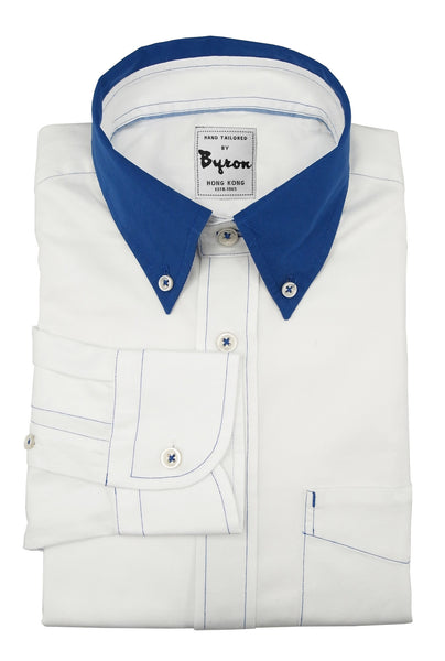 white collared dress shirt White Herringbone Shirt with Royal Blue Collar and Blue Stitching – byronshirts