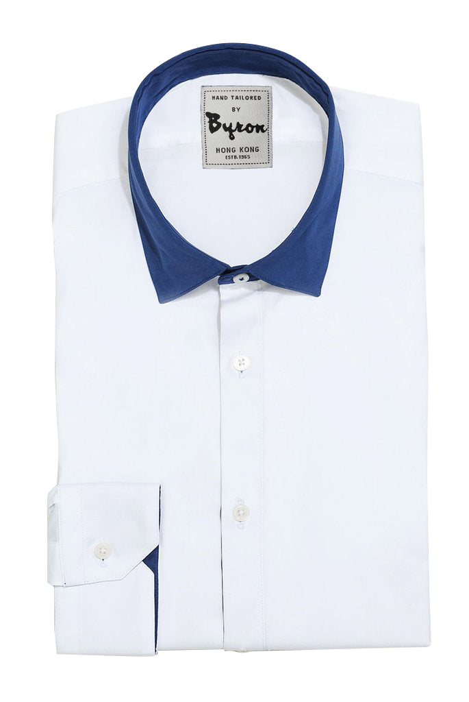 White Shirt, Royal Blue English Spread Collar with Royal Blue Trim Cuff