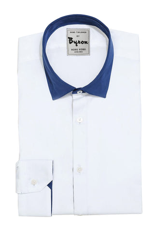 White Shirt, Royal Blue English Spread Collar with Royal Blue Trim Cuff
