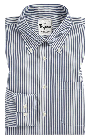 White and Blue Chinoise Striped Shirt, Button Dowan Collar, Rounded Cuff